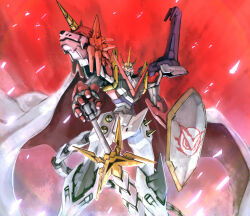 Rule 34 | cape, digimon, digimon (creature), fusion, horns, looking at viewer, ra (pixiv120326), shield, shoutmon x4k, star (symbol), tail