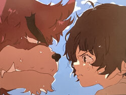 2boys absurdres angry bakemono_no_ko bear_boy black_hair closed_mouth face-to-face fangs fangs_out furry furry_male highres jiji_jiji kumatetsu kyuuta_(bakemono_no_ko) long_hair looking_at_another male_focus multiple_boys red_fur sweat very_sweaty wet
