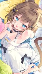 1girl absurdres animal_ear_fluff animal_ears armpit_focus barefoot black_bow black_choker blue_bow blue_eyes blush bow cat_hair_ornament choker dress flat_chest frilled_choker frills hair_between_eyes hair_ornament hairclip highres kumonoue_yumemi looking_at_viewer lying nikuya_(nikuniku_nikuya) sleeveless smile solo star-shaped_pillow sweatdrop swept_bangs tail white_dress x_hair_ornament yellow_bow yumemi_channel