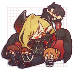 2boys 3girls black_hair blonde_hair blush boots brown_hair demon_girl dragon_horns fate/grand_order fate_(series) fujimaru_ritsuka_(female) fujimaru_ritsuka_(male) happy horns kishinami_hakuno_(female) kishinami_hakuno_(male) knee_boots multiple_boys multiple_girls nero_claudius_(fate) orange_hair pointy_ears queen_draco_(fate) queen_draco_(third_ascension)_(fate) uwu_illust214