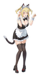 1girl animal_ears black_bow black_thighhighs blonde_hair blush bow bowtie breasts cleavage collarbone commentary_request detached_collar dungeon_ni_deai_wo_motomeru_no_wa_machigatteiru_darou_ka elf fake_animal_ears green_eyes green_nails hair_between_eyes highres maid maid_headdress medium_breasts nail_polish open_mouth paw_pose pointy_ears ponytail ryu_lion sidelocks simple_background solo standing tail thighhighs tight_(ohmygod) white_background