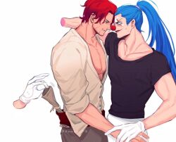 2boys adam&#039;s_apple black_shirt blue_eyes blue_hair buggy_the_clown clown_nose gloves grey_pants long_hair male_focus multiple_boys one_piece pants pectoral_cleavage pectorals pickpocket ponytail red_hair shanks_(one_piece) shirt vamos_mk white_background white_gloves white_shirt yaoi