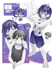 Rule 34 | 2boys, ^ ^, absurdres, antenna hair, barefoot, biceps, black eyes, black hair, black tank top, blush, bright pupils, character name, cheek pull, chibi, closed eyes, collarbone, flexing, grin, hand on own arm, highres, holding, holding knife, jash (omori), kel (headspace) (omori), kel (omori), knife, looking at viewer, male focus, multiple boys, omori, omori (omori), open mouth, purple eyes, purple hair, purple shoes, rui 60, shoes, short hair, smile, tank top, teeth, white pupils