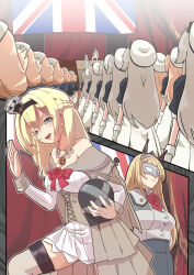 Rule 34 | blonde hair, commentary request, corset, crown, dress, flower, globus cruciger, grey hair, half up braid, hat, highres, janus (kancolle), javelin (kancolle), jervis (kancolle), kantai collection, long hair, mask, military uniform, mini crown, multiple views, nelson (kancolle), off-shoulder dress, off shoulder, parody, red flower, red rose, rose, sailor hat, short hair, tsun&#039;ichi (tsun1), union jack, warspite (kancolle), white corset, white dress, white hat