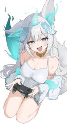 Rule 34 | 1girl, absurdres, animal ears, aqua hair, bare shoulders, blue eyes, breasts, controller, detached sleeves, dress, fang, fox ears, fox girl, fox tail, from above, game controller, grey hair, highres, holding, holding controller, holding game controller, indie virtual youtuber, kagemoe1003, large breasts, long hair, looking at viewer, looking up, ofuda, ofuda on head, open mouth, second-party source, simple background, sleeveless, sleeveless dress, smile, solo, tail, virtual youtuber, vixi (vtuber), white background, white dress, wide sleeves