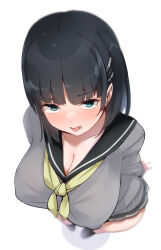 1girl black_eyes black_hair black_sailor_collar blush breasts cleavage commentary curvy drooling foreshortening from_above hair_ornament highres kirigaya_suguha large_breasts looking_at_viewer neckerchief no_dickey sailor_collar school_uniform serafuku short_hair simple_background solo standing sword_art_online symbol-only_commentary textless_version tongue tongue_out white_background wide_hips xlyami yellow_neckerchief