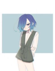 1girl :d ahoge alternate_costume arms_behind_back blue_background blue_eyes blue_hair casual chi_kan100 collared_shirt contrapposto cowboy_shot gradient_hair green_jumpsuit grin hair_over_one_eye half-closed_eyes hand_on_own_elbow head_tilt jumpsuit kimi_no_koto_ga_dai_dai_dai_dai_daisuki_na_100-nin_no_kanojo light_blush long_sleeves looking_at_viewer multicolored_hair nakaji_uto one_eye_covered open_mouth outline parted_bangs shirt short_hair short_jumpsuit simple_background smile solo sparkle wavy_hair white_background white_outline white_shirt