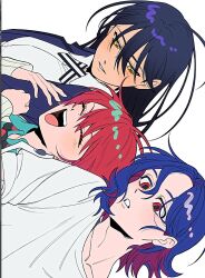 1boy 2girls amate_yuzuriha black_hair blue_hair blush closed_mouth collared_shirt colored_inner_hair gundam gundam_gquuuuuux highres holding jacket kamonekm long_hair long_sleeves multicolored_hair multiple_girls necktie nyaan_(gundam_gquuuuuux) open_mouth purple_hair red_eyes red_hair school_uniform shirt short_hair shuji_ito simple_background smile sweater two-tone_hair white_background white_shirt yellow_eyes