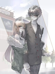 1boy 1girl amamiya_ren arm_hug black_hair blush brown_hair building couple glasses grey_eyes highres jacket long_hair parted_lips persona persona_5 ryokuyuu sakura_futaba school_uniform shuujin_academy_school_uniform