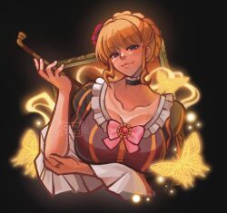 1girl arm_under_breasts beatrice_(umineko) black_background blonde_hair bow bowtie breasts bug butterfly closed_mouth commentary emily_botta english_commentary flower gem hair_flower hair_ornament highres holding holding_smoking_pipe insect large_breasts looking_at_viewer pink_bow pink_bowtie red_flower red_gemstone red_rose rose sidelocks smile smoking_pipe solo umineko_no_naku_koro_ni watermark yellow_butterfly