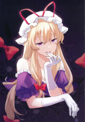 1girl absurdres bare_shoulders biting biting_glove black_background blonde_hair bow breasts cleavage dress elbow_gloves floral_background gap_(touhou) gloves grin hair_between_eyes hair_bow hand_up hat hat_ribbon highres hiwokawa long_hair looking_at_viewer medium_breasts mob_cap off-shoulder_dress off_shoulder purple_dress purple_eyes red_bow red_ribbon ribbon scan smile solo third-party_source touhou upper_body very_long_hair white_gloves white_hat yakumo_yukari