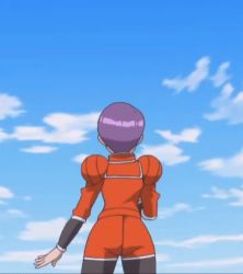 1girl animated animated_gif ass black_legwear celosia_(pokemon) female_focus nintendo pokemon pokemon_(anime) purple_hair short_hair sky solo team_flare