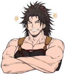 1boy ^_^ bara bare_arms bare_shoulders beard brown_eyes closed_eyes cropped_torso cross_scar crossed_arms closed_eyes facial_hair final_fantasy final_fantasy_xiv grin hien_rijin highres light_blush long_hair looking_at_viewer male_focus mature_male muscular muscular_male overalls pectoral_cleavage pectorals scar scar_on_face scar_on_forehead smile solo sparkle zanki