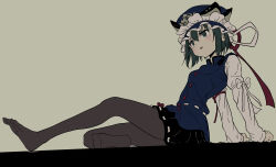 1girl absurdres black_pantyhose black_skirt blue_eyes frilled_hat frills green_eyes green_hair hat highres long_sleeves pantyhose ribbon shiki_eiki shirt short_hair simple_background sitting skirt sleeve_bow touhou uzou_(uzooooooooo) white_shirt