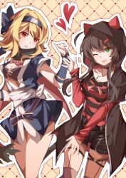 2girls ;d \||/ animal_ear_hood animal_ears black_choker black_hair black_scarf black_shorts blonde_hair blue_bow blue_bridal_gauntlets blue_kimono bow breasts bright_pupils cat_ears chinese_commentary choker cleavage commentary_request cosplay costume_switch cross cross_necklace crossover fake_animal_ears feet_out_of_frame forehead_protector green_eyes hair_between_eyes hair_bow hair_ornament hand_up happy heart heart_o-ring highres hitachi_mako hitachi_mako_(cosplay) hood hood_up japanese_clothes jewelry kimono kin-iro_loveriche looking_at_viewer medium_breasts medium_hair multiple_girls necklace ninja nymphus o-ring o-ring_thigh_strap one_eye_closed open_mouth outline red_eyes red_shirt sash scarf senren_banka shirt short_hair_with_long_locks short_kimono short_sleeves shorts simple_background sleeves_past_wrists smile souma_ria souma_ria_(cosplay) standing striped_clothes striped_shirt takamori_natsumi thigh_strap two-sided_scarf voice_actor_connection waving white_outline white_pupils white_sash x_hair_ornament yellow_background
