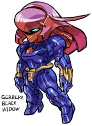 Rule 34 | aburaya tonbi, black widow, blue eyes, character name, chibi, full body, fusion, gerbera tetra, gundam, gundam 0083, marvel, mechanization, simple background, solo, standing, white background