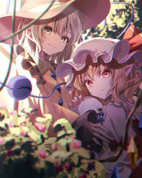 2girls absurdres blonde_hair blouse blurry bow bush buttons chromatic_aberration closed_mouth collared_shirt commentary crystal crystal_wings diamond_button film_grain flandre_scarlet flower frilled_shirt_collar frills gagaku_kawa_rei green_eyes green_hair hat hat_bow highres holding holding_skull komeiji_koishi light_smile long_sleeves looking_at_viewer mob_cap multiple_girls pointy_ears puffy_short_sleeves puffy_sleeves purple_flower red_bow red_eyes red_nails red_vest shirt short_hair short_sleeves skull sleeve_bow third_eye touhou vest white_hat wings yellow_shirt