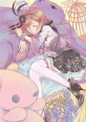 bed birdcage black_skirt bracelet braid breasts cage cape crossed_arms eyelashes feather_hair_ornament floral_print flower frilled_sleeves frills green_eyes hair_ornament hairband high_heels hosokawa_gracia japanese_clothes jewelry kimono lace lace-trimmed_legwear lace_trim legs lips looking_up lying obi on_side pleated_skirt pout red_hair ribbon sash sengoku_musou shoes skirt stuffed_animal stuffed_toy teddy_bear thighhighs white_thighhighs