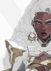 1girl blue_eyes breasts cape cleavage dark-skinned_female dark_skin earrings electricity h0rtens1a highres jewelry long_hair looking_at_viewer marvel marvel_rivals solo storm_(x-men) superhero_costume very_dark_skin white_hair x-men