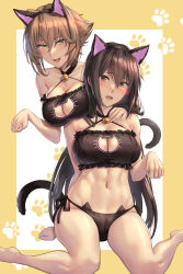 2girls :d animal_ears bare_shoulders bell black_bra black_hair black_hairband black_panties blush bra brown_hair cat_ears cat_lingerie cat_tail fake_animal_ears hair_ornament hairband highres kantai_collection kokuzou long_hair looking_at_viewer meme_attire multiple_girls mutsu_(kancolle) nagato_(kancolle) navel open_mouth panties paw_pose paw_print paw_print_background red_eyes short_hair side-tie_panties simple_background sitting smile stomach tail thighs underwear w wariza yellow_eyes