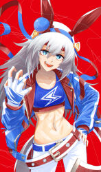 1girl absurdres animal_ears blue_eyes blue_hairband blue_jacket blue_sports_bra cowboy_shot fang fingerless_gloves gloves grey_hair hair_between_eyes hairband hand_on_own_hip headband highres horse_ears horse_girl horse_tail jacket lightning_bolt_symbol long_hair long_sleeves open_clothes open_jacket open_mouth pants red_background red_hairband red_headband savuxan solo sports_bra tail tamamo_cross_(umamusume) teeth umamusume very_long_hair white_gloves white_pants