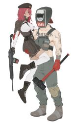1boy 1girl absurdres arm_tattoo belt black_dress black_footwear black_gloves black_necktie boots breasts carrying carrying_person chest_tattoo commentary dark-skinned_female dark_skin dress escape_from_tarkov girls&#039;_frontline gloves green_pants gun hammer highres holding holding_weapon izaru_31 knee_pads large_breasts necktie pants red_gloves saiga-12 saiga-12_(girls&#039;_frontline) shirt short_sleeves shotgun simple_background skindentation sledgehammer tactical_clothes tagilla_(escape_from_tarkov) tattoo thighhighs topless_male vest weapon welding_mask white_background white_shirt white_thighhighs