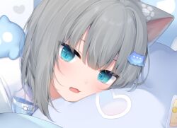 Rule 34 | 1girl, amashiro natsuki, animal ears, blue eyes, cat ears, commentary, fang, grey hair, hair between eyes, hair ornament, indie virtual youtuber, looking at viewer, nachoneko, open mouth, pillow, shirt, solo, symbol-only commentary, virtual youtuber, white shirt