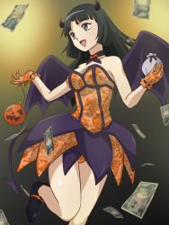 Rule 34 | 1girl, :d, bare legs, bare shoulders, black hair, breasts, choker, cleavage, demon girl, dress, female focus, gloves, grey eyes, horns, kyoukai no rinne, legs, long hair, medium breasts, money, neck, open mouth, orange dress, orange gloves, orange panties, panties, shima renge, shoes, smile, strapless, strapless dress, underwear
