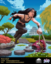 Rule 34 | 1girl, 1other, absurdres, android, architecture, artist name, belt, black hair, black tank top, blue sky, breasts, building, bush, chain belt, choker, claw (weapon), claws, cleavage, cloud, company logo, company name, day, denim, dynamic pose, east asian architecture, garden, green eyes, highres, house, humanoid robot, jeans, kuya jaypi, landscape, laura kinney, leather, leather pants, lipstick, machine, makeup, marvel, marvel snap, mecha, mountain, muscular, nature, navel, official art, outdoors, pants, pond, pool, red eyes, red lips, reflection, robot, rock garden, scenery, sentinel (x-men), sky, solo, solo focus, stairs, stone stairs, tank top, teeth, tree, watermark, weapon, web address, x-23, x-men