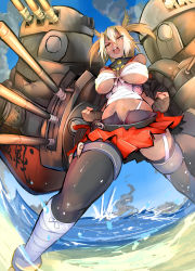 10s 1girl bare_shoulders black_thighhighs breasts dark-skinned_female dark_skin female_focus fingerless_gloves glasses gloves highres kantai_collection large_breasts long_hair miniskirt musashi_(kancolle) nac000 navel navel_piercing orange_hair piercing pointy_hair serious skirt solo thighhighs twintails two_side_up underboob zettai_ryouiki