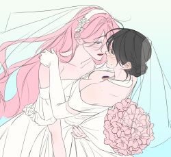 Rule 34 | 0820 lakia, 2girls, bare shoulders, black hair, blush, bouquet, braid, braided bun, breasts, bridal veil, cleavage, commentary request, dress, elbow gloves, female focus, flower, gloves, hair bun, hairband, hand on another&#039;s shoulder, hand on another&#039;s waist, holding, holding bouquet, jewelry, korean commentary, long hair, medium breasts, multiple girls, off-shoulder dress, off shoulder, open mouth, original, pink flower, pink hair, ring, see-through clothes, see-through veil, smile, sweatdrop, veil, wedding dress, wedding ring, white dress, white gloves, white hairband, wife and wife, yuri
