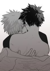 2boys absurdres back bakugou_katsuki boku_no_hero_academia fingernails greyscale highres looking_at_another male_focus midoriya_izuku monochrome multiple_boys oroshi_mi red_eyes short_hair simple_background spiked_hair spot_color teeth white_background yaoi