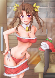 1girl ahoge anti_(untea9) basket bikini brown_hair commission door fur-trimmed_bikini fur-trimmed_skirt fur_trim hair_down highres kagerou_(kancolle) kantai_collection long_hair looking_at_viewer pixiv_commission purple_eyes red_bikini red_skirt side-tie_bikini_bottom skirt solo swimsuit table twintails undressing