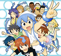 Rule 34 | 6+boys, 6+girls, aizawa chizuru, aizawa eiko, aizawa takeru, alex (ikamusume), arashiyama gorou, bikini, black hair, blonde hair, blue eyes, blue hair, cindy campbell, clark (ikamusume), dark blue hair, glasses, harris (ikamusume), highres, ikamusume, martin (ikamusume), matching hair/eyes, mr. tokita, multiple boys, multiple girls, nagatsuki sanae, one eye closed, orange eyes, orange hair, ponytail, saitou nagisa, sakura kiyomi, sat-c, shinryaku! ikamusume, shirt, smile, spiked hair, striped bikini, striped clothes, swimsuit, t-shirt, tentacle hair, tentacles, tokita ayumi, wink
