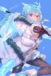 Rule 34 | 1girl, ahoge, blue hair, blue horns, blue wings, braid, crystal horns, crystal tail, crystal wings, dragon girl, dragon horns, dragon tail, dragon wings, fur-trimmed hood, fur-trimmed sleeves, fur trim, gloves, highres, hood, horns, jc (pixiv 66949345), long hair, pointy ears, princess connect!, purple eyes, sheffy (princess connect!), solo, tail, wings