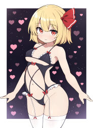 1girl alternate_costume black_background black_bra blonde_hair bra breasts closed_mouth commentary_request garter_straps hair_ribbon heart heart_background highres lingerie looking_at_viewer medium_breasts navel red_eyes red_ribbon ribbon rizento rumia short_hair smile solo thighhighs touhou underwear white_garter_straps white_thighhighs