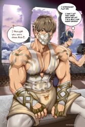 2boys absurdres adam&#039;s_apple animal_ears askr_(fire_emblem) bara biceps blue_hair bodysuit brown_hair commentary covered_abs covered_erect_nipples cow_boy cow_ears earrings eikthyrnir_(fire_emblem) english_commentary english_text fire_emblem fire_emblem_heroes grey_eyes highres horns jewelry kibitko large_pectorals male_focus mask mouth_mask multiple_boys muscular muscular_male nintendo patreon_username pectoral_cleavage pectorals short_hair shorts sitting skin_tight speech_bubble sweat thought_bubble variant_set