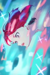 1girl amate_yuzuriha aqua_eyes earrings energy eyelashes glowing gundam gundam_gquuuuuux hanada_(2bi_1ro) highres jewelry nude open_mouth red_hair short_hair solo teeth upper_teeth_only upside-down zooming_in