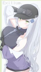 1girl absurdres arm_behind_head baseball_cap black_hat breasts closed_mouth commentary_request copyright_name cross_hair_ornament flashbang girls&#039;_frontline girls&#039;_frontline_2:_exilium green_background green_eyes grey_hair hair_ornament hat highres hk416_(girls&#039;_frontline) jacket klukai_(girls&#039;_frontline_2) long_hair looking_at_viewer multicolored_jacket off_shoulder ponytail purple_jacket simple_background solo tattoo teardrop_facial_mark teardrop_tattoo two-tone_background two-tone_jacket uchikata_takeaki white_background white_jacket