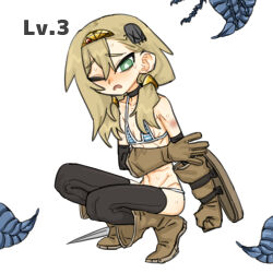 1girl armor bikini bikini_armor black_thighhighs blonde_hair boots bug gauntlets green_eyes hair_over_shoulder highres insect_hair_ornament long_hair matangom matangomu-chan micro_bikini one_eye_closed original petite pillbug shield simple_background skinny squatting swimsuit sword thighhighs tiara twintails weapon white_background