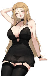 1girl absurdres arm_behind_head arm_up bare_shoulders black_choker black_nightgown black_thighhighs blonde_hair breasts choker cleavage commentary commission garter_straps hair_ornament hairclip highres large_breasts long_hair looking_at_viewer nightgown open_mouth original romana simple_background smile solo spaghetti_strap swept_bangs thighhighs very_long_hair white_background wristband yellow_eyes zettai_ryouiki