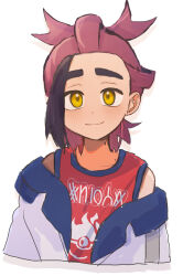 Rule 34 | 1boy, black hair, blush, brown eyes, chihiro mo sushi, closed mouth, collarbone, highres, jacket, kieran (pokemon), long sleeves, looking at viewer, male focus, mole, mole on neck, multicolored hair, nintendo, pokemon, pokemon sv, purple hair, red tank top, short hair, simple background, smile, solo, tank top, upper body, white background, white jacket