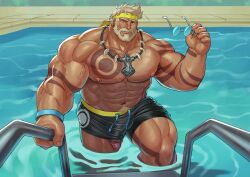 1boy abs adiosarts bara beard black_male_swimwear blonde_hair bulge facial_hair highres jewelry large_penis looking_at_viewer male_swimwear marvel marvel_rivals muscular muscular_male navel necklace official_alternate_costume penis pool short_hair solo tattoo thor_(marvel) thor_(worthy_waves)_(marvel) tight_clothes water yaoi