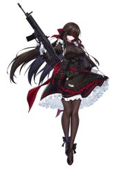 1girl alpha_transparency assault_rifle back_bow belt black_bow black_rose_(counter:side) black_shoes bow breasts brown_hair center_frills commentary counter:side covered_eyes english_commentary floating_hair footwear_bow frilled_skirt frills gloves gun hair_between_eyes hair_bow head-mounted_display holding holding_gun holding_weapon juliet_sleeves large_breasts layered_skirt long_hair long_sleeves maid multiple_belts neck_ribbon official_art pantyhose parted_lips pouch puffy_sleeves red_bow red_ribbon ribbon rifle shoes simple_background skirt skirt_hold solo standing tachi-e tactical_maid transparent_background trigger_discipline unconventional_maid underbust very_long_hair weapon white_gloves