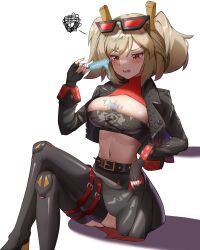 1girl absurdres annoyed arm_on_table belt bernardo_(ggpa8423) black_belt black_gloves black_jacket black_shirt black_skirt black_thighhighs blonde_hair blush breasts burnice_white cleavage commentary crossed_legs english_commentary eyewear_on_head fingerless_gloves food food_on_body food_on_breasts gloves hair_ornament hand_up highres holding holding_food holding_popsicle jacket long_sleeves melting_popsicle open_mouth popsicle red-tinted_eyewear red_eyes shirt short_hair sitting skirt solo thighhighs tinted_eyewear twintails zenless_zone_zero