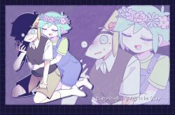 2boys antenna_hair basil_(faraway)_(omori) basil_(headspace)_(omori) basil_(omori) black_sweater_vest blonde_hair blue_eyes blue_overalls blush brown_shorts clenched_teeth closed_eyes collared_shirt dual_persona english_text flower green_hair green_shirt hair_flower hair_ornament head_wreath highres male_focus multiple_boys omori open_mouth overall_shorts overalls parted_lips pino_ois1 shirt short_hair short_sleeves shorts smile stranger_(omori) sweat sweater_vest t-shirt teeth white_shirt