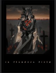1boy black_border black_coat black_gloves border charon_(reverse:1999) christophr_grs coat covered_face cowboy_shot cross dog_tags facing_viewer flower gloves gradient_sky grey_sky holding_dog_tags male_focus poppy_(flower) red_flower reverse:1999 sky solo tombstone twilight veil white_veil