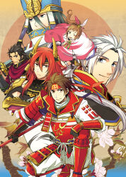 Rule 34 | armor, black hair, brown hair, coat, headdress, ishida mitsunari, kunoichi (sengoku musou), male focus, one eye closed, otani yoshitsugu, polearm, sanada nobuyuki, sanada yukimura (sengoku musou), sengoku musou, shima sakon, spear, weapon, white hair, wink