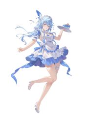 02bear20 1girl absurdres alternate_costume bare_legs blue_dress blue_hair bow breasts cake cherry commentary_request dress enmaided food frilled_thigh_strap fruit full_body hair_bow highres holding holding_plate incredibly_absurdres korean_commentary large_breasts legs light_blush long_hair looking_at_viewer maid maid_headdress merchandise_available parted_lips plate purple_eyes shoes shorekeeper_(wuthering_waves) short_sleeves simple_background solo thigh_strap white_background white_bow white_shoes wuthering_waves