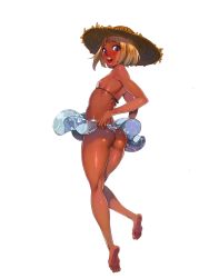 1girl ass barefoot bikini blonde_hair blue_eyes covered_erect_nipples dark_skin f.s. hat lipstick loli makeup shiny_skin short_hair smile straw_hat swimsuit